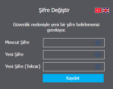 Şifre belirleme ekranı
